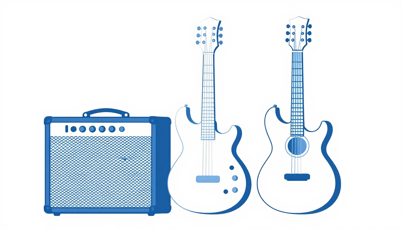Two electric guitars resting side by side against an amplifier in a studio