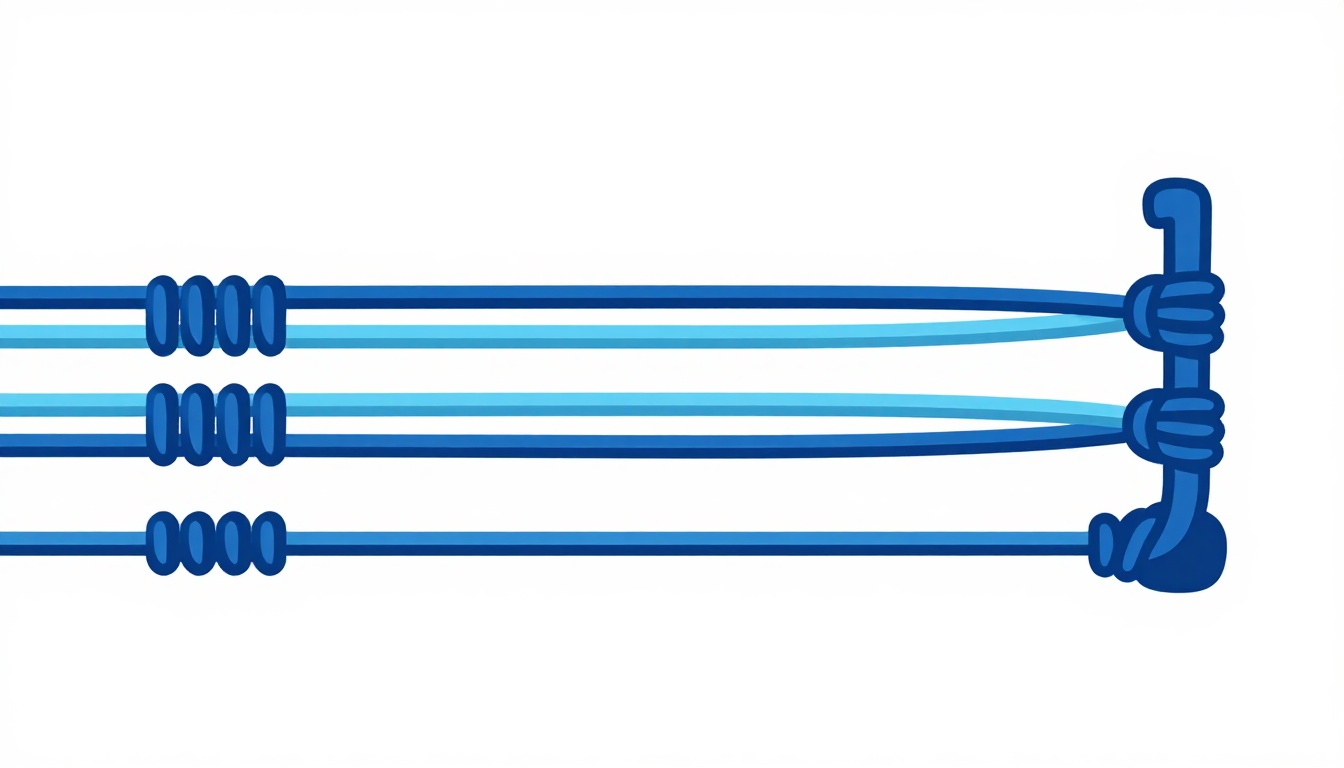A close-up of nylon guitar strings tied in a loop knot at the bridge of a classical guitar