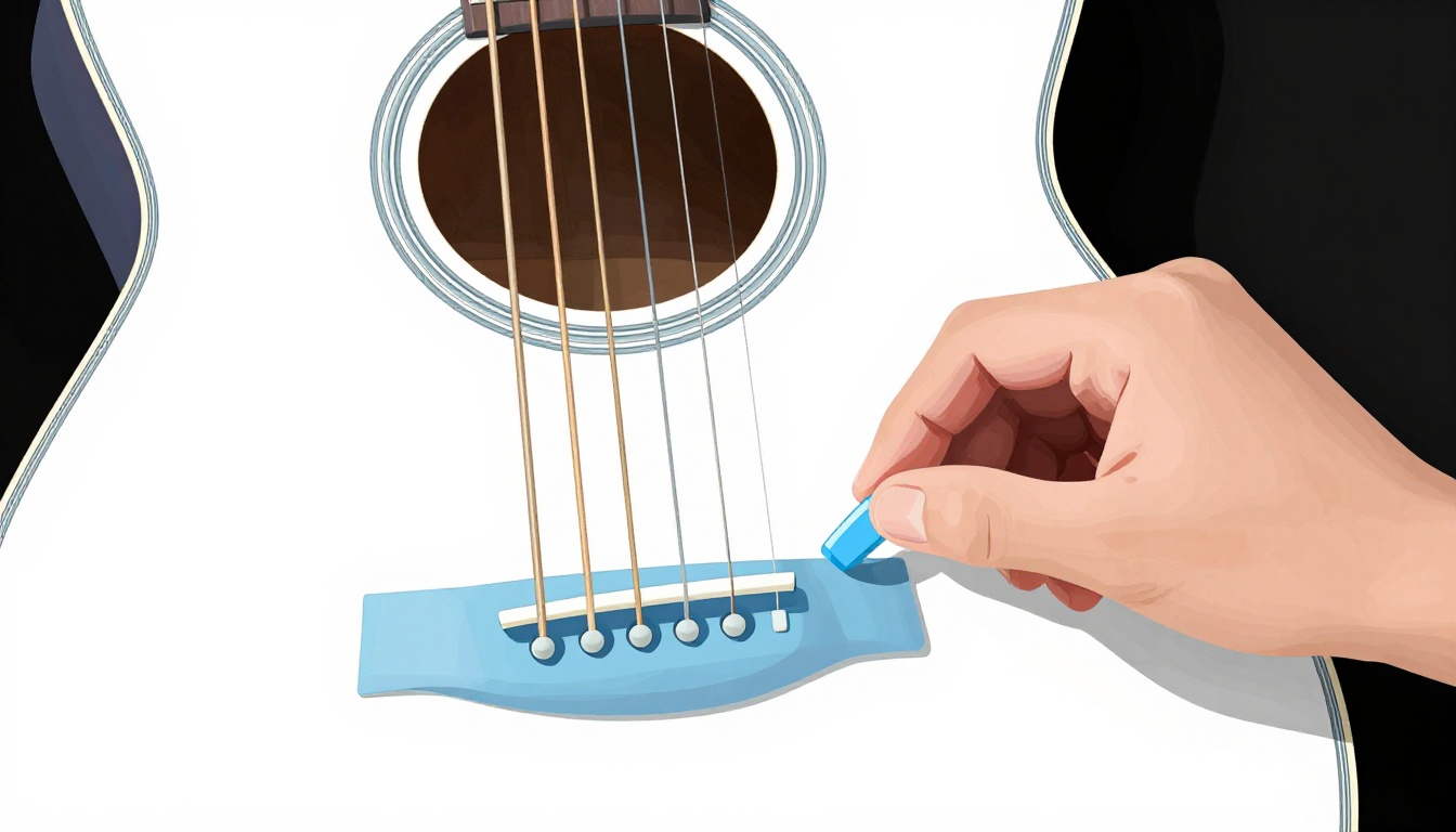 A hand double checking that a freshly restrung guitar's bridge pins are seated flush and even