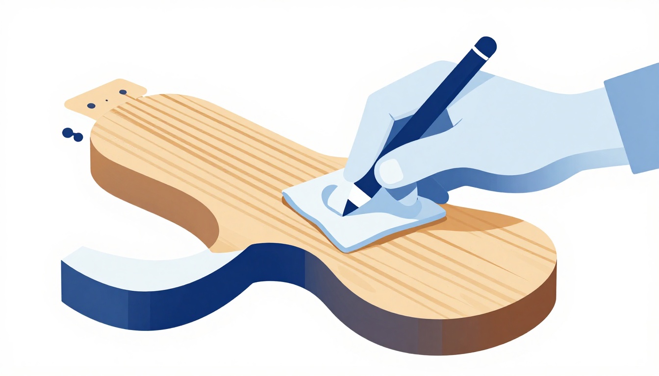 A hand wiping wood stain onto a guitar body in long strokes with a cloth