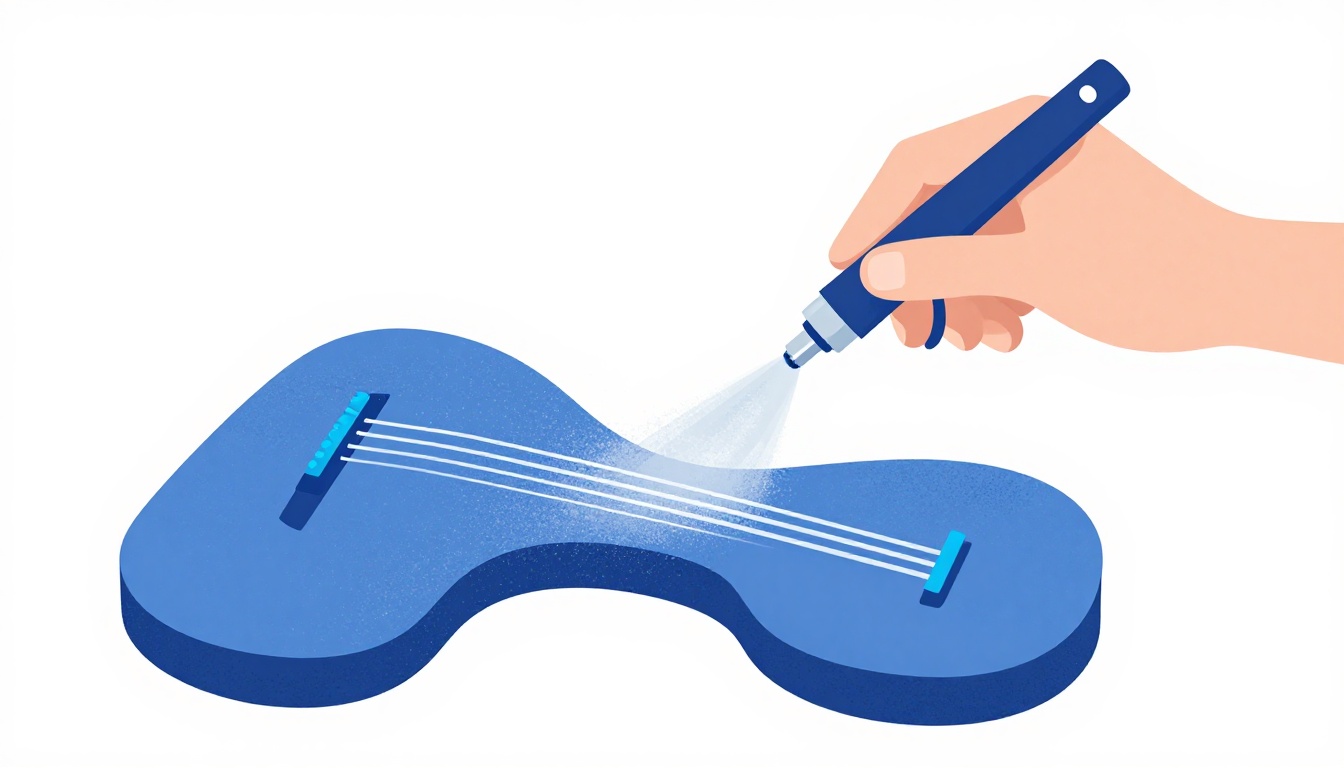 A hand spraying clear sanding sealer onto a guitar body from a spray gun
