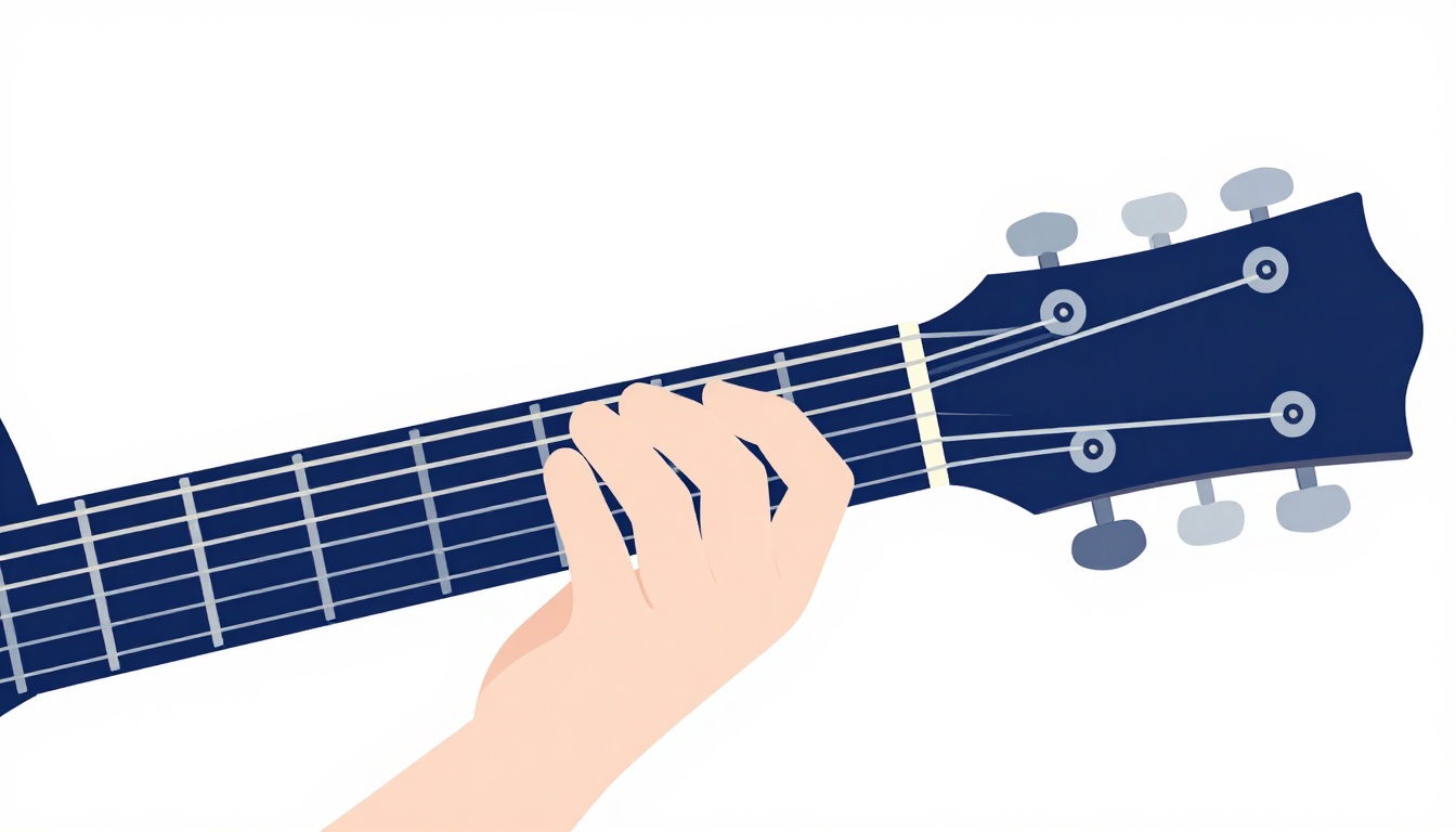 A close up of a left hand fretting a D minor chord on an acoustic guitar neck
