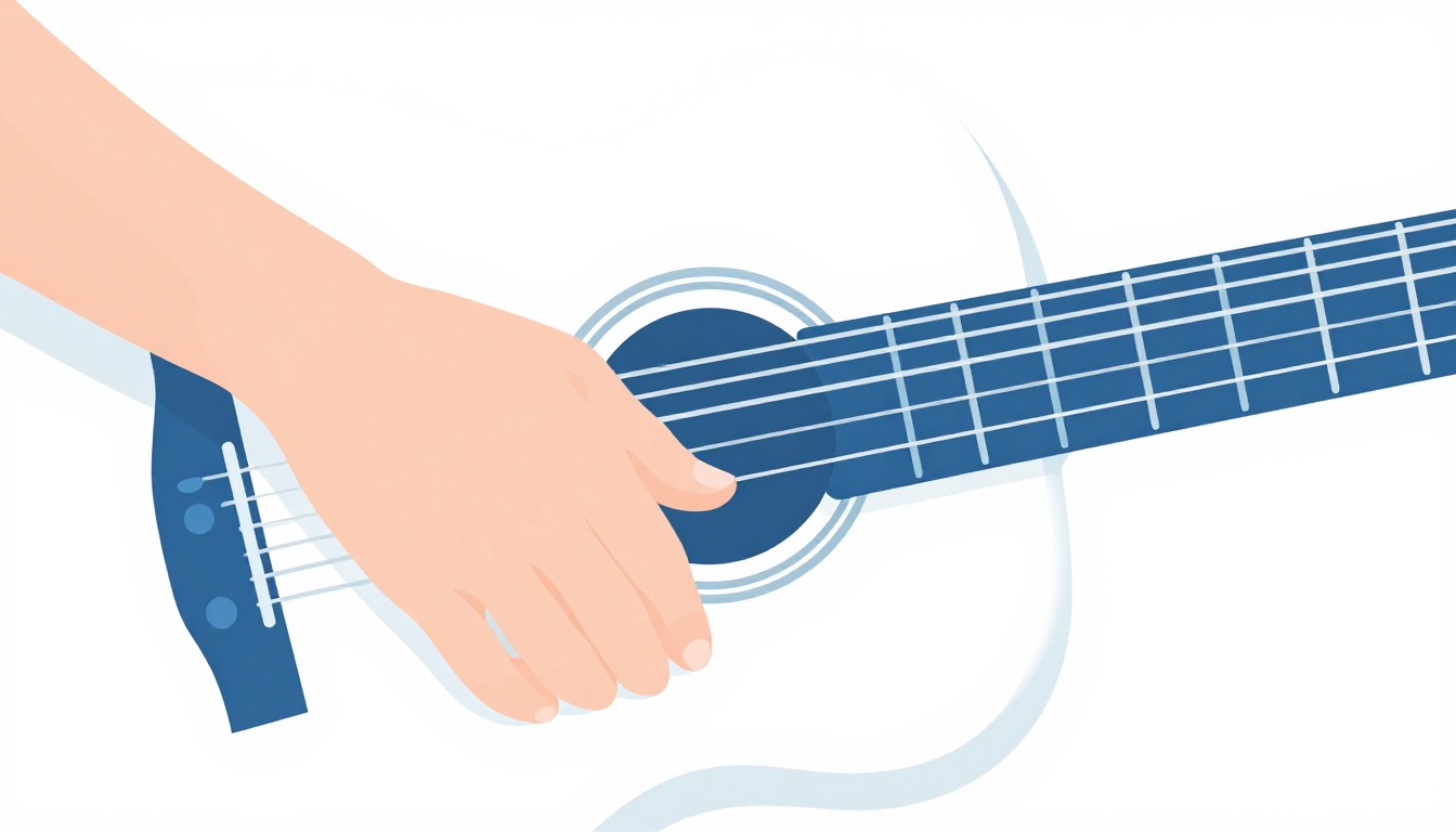 A close up of a left hand fingering an open G major chord low on an acoustic guitar neck