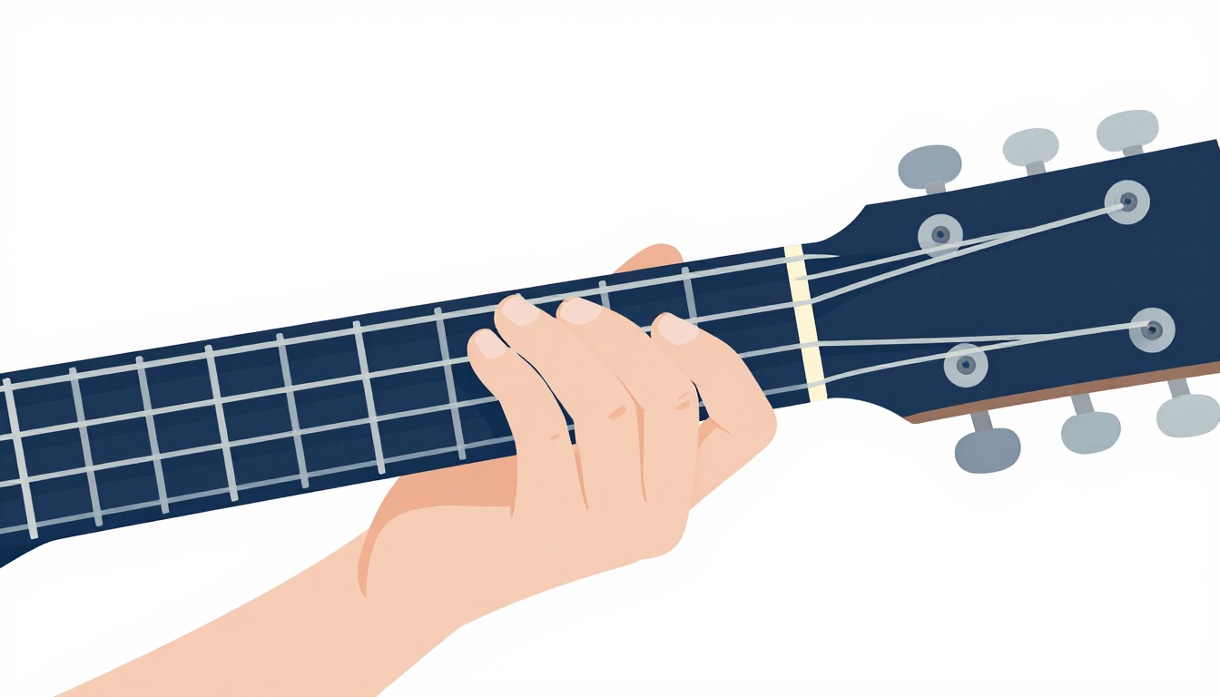 A close up of a left hand fingering an open A minor chord on an acoustic guitar neck