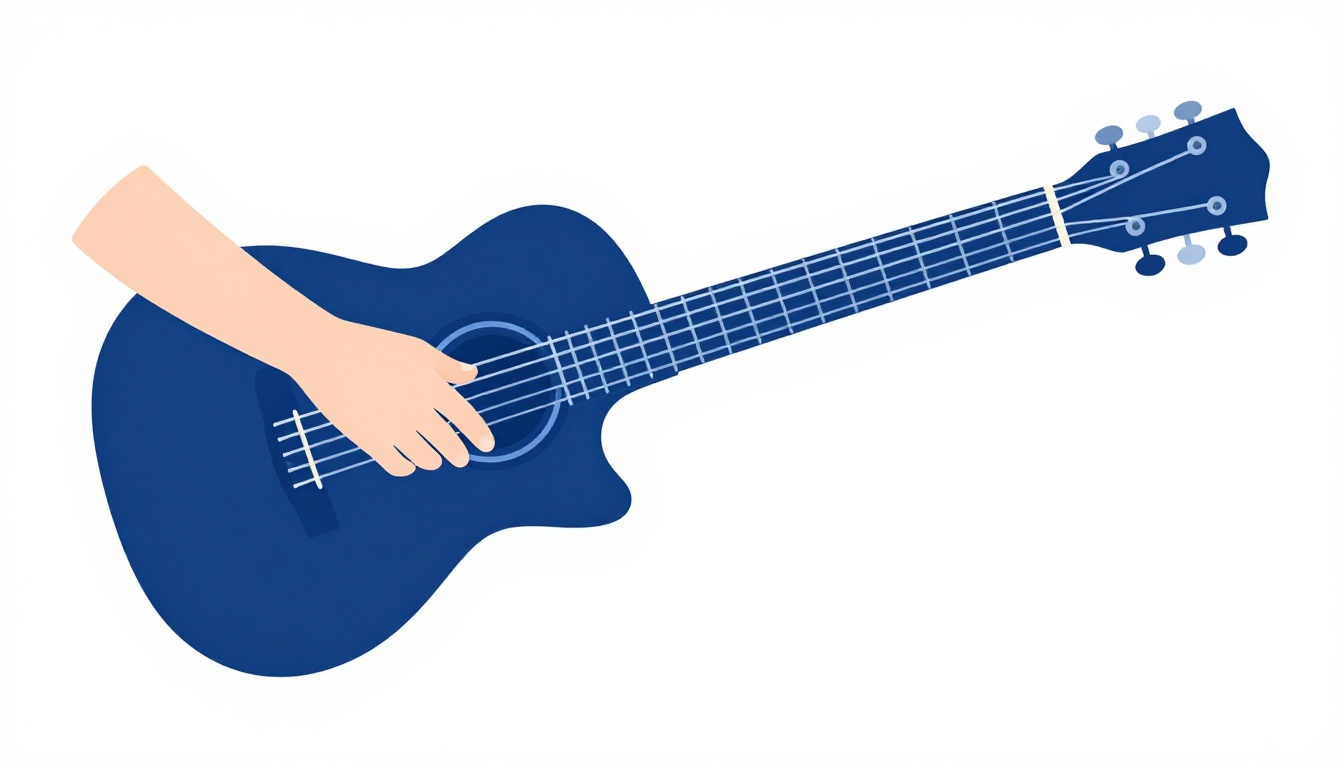 A close up of a left hand fingering an open D major chord on an acoustic guitar neck, three fingers forming a small triangle shape