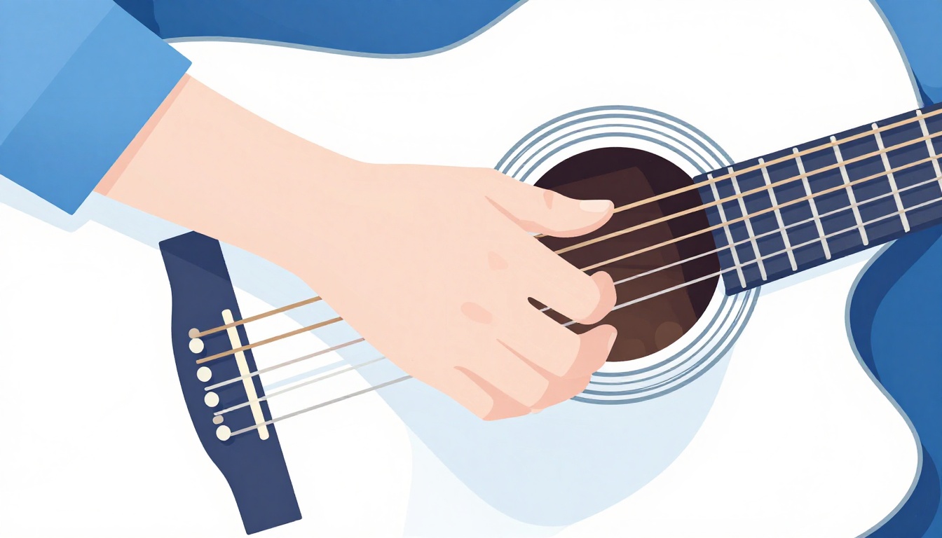 A close up of a right hand fingerpicking near the soundhole of an acoustic guitar, thumb and fingers plucking individual strings