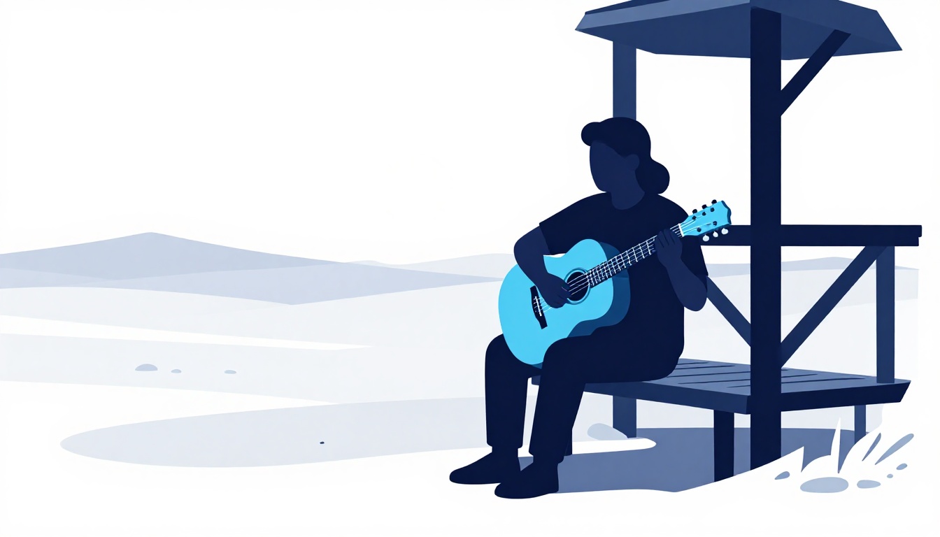 A lone acoustic guitarist sitting on a wooden porch at dusk in a western desert landscape, silhouetted against the setting sun