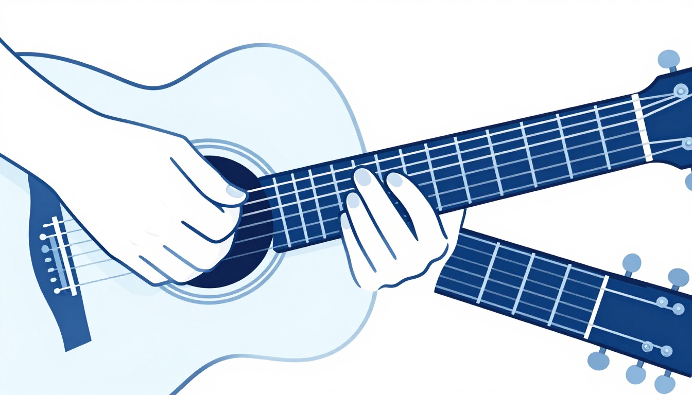 A close up of a left hand adjusting a finger's position on an acoustic guitar fretboard to press a string more firmly
