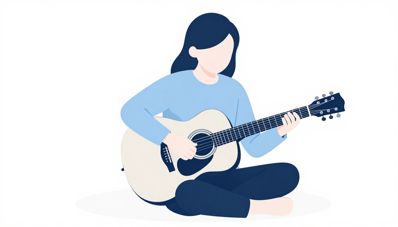 A person sitting alone in a quiet room practicing acoustic guitar, calm and focused, soft afternoon light