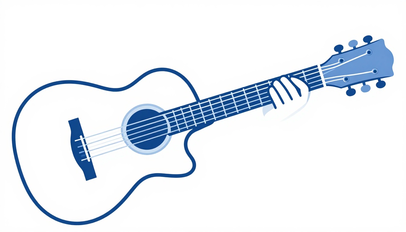 A close-up of a hand fingerpicking an acoustic guitar with the thumb reaching over the top of the neck to fret a low bass note