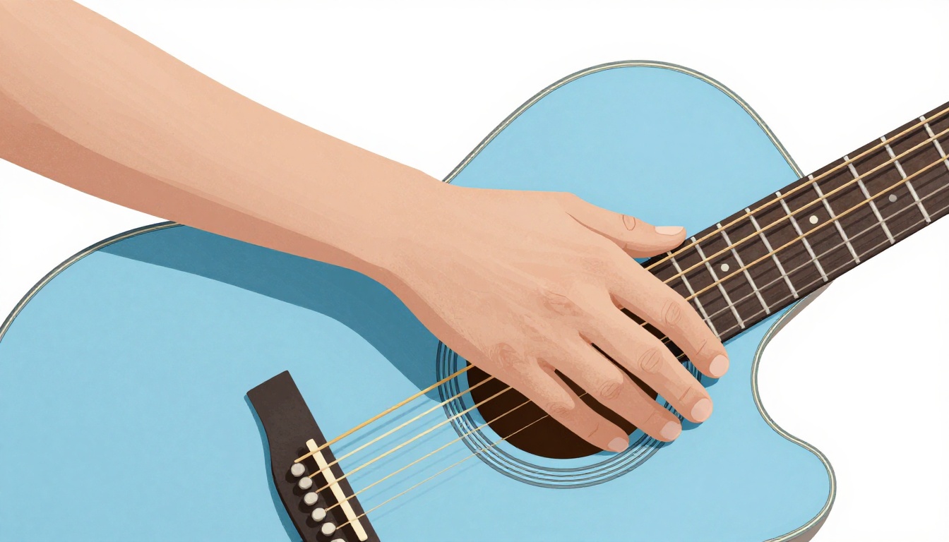 A close-up of a relaxed left hand resting lightly on an acoustic guitar neck between chords