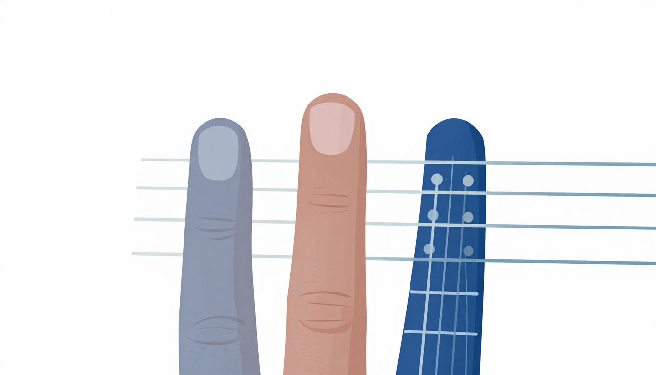 Three left hand fingers pressed on adjacent middle strings in the center of a guitar neck, the outer strings untouched