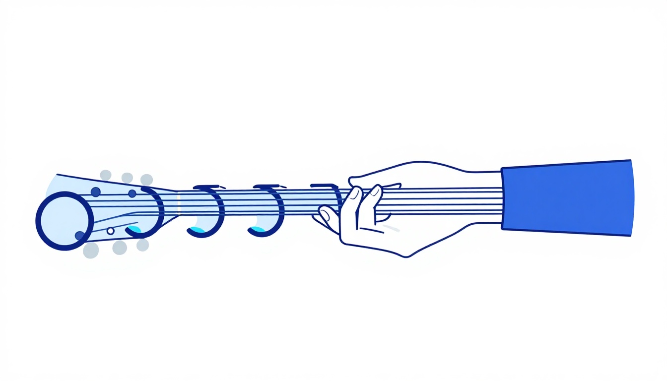 A left hand sliding along a guitar neck between two chord positions, with motion lines suggesting movement along the frets