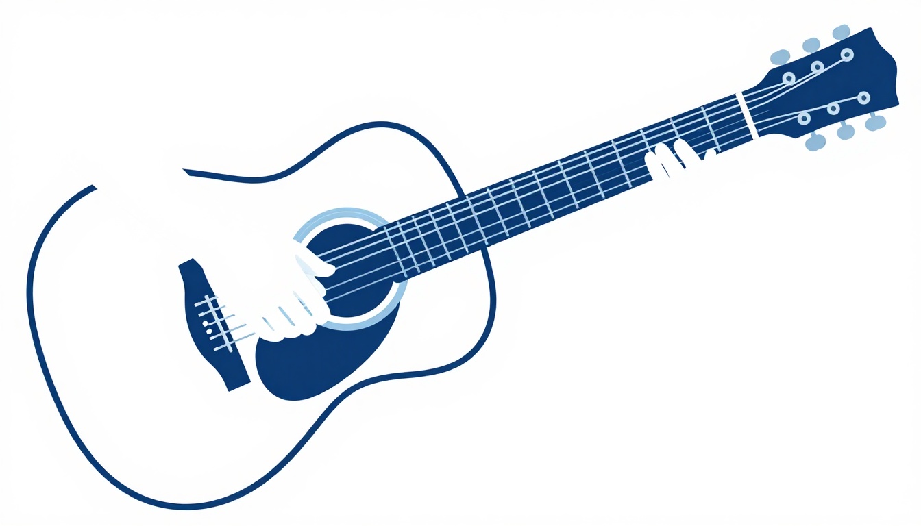 A close-up of a left hand fingering an open D major chord on an acoustic guitar neck