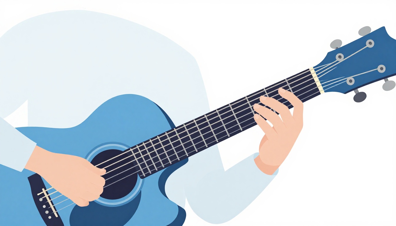 A close-up of a left hand fingering an open A major chord on an acoustic guitar neck