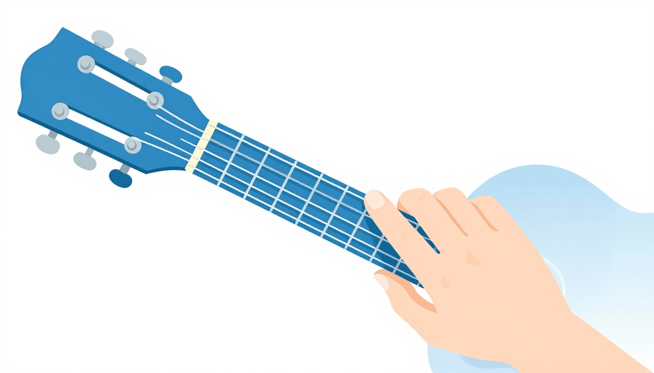 A close-up of a left hand pressing a single low string on an acoustic guitar neck near the nut