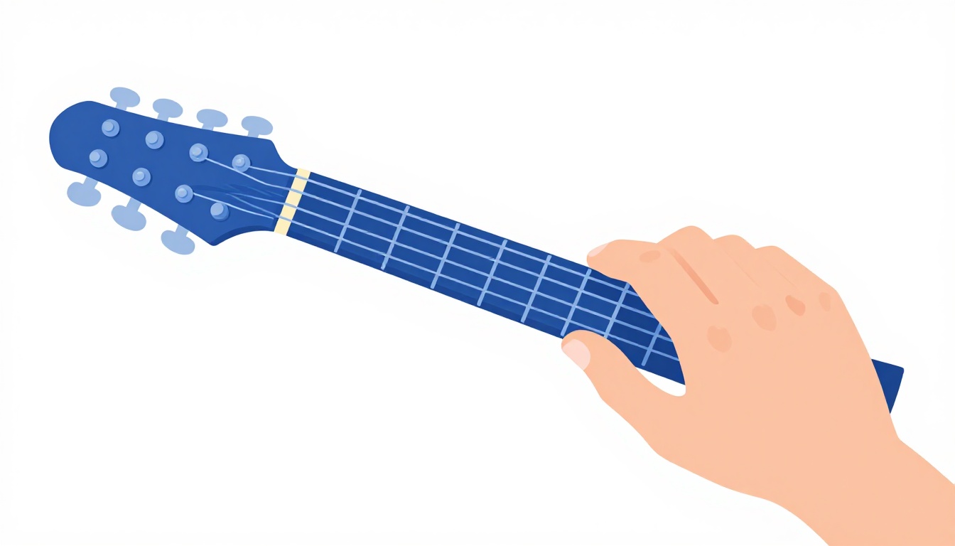 A close-up of a left hand sliding into a double stop high on an electric guitar neck