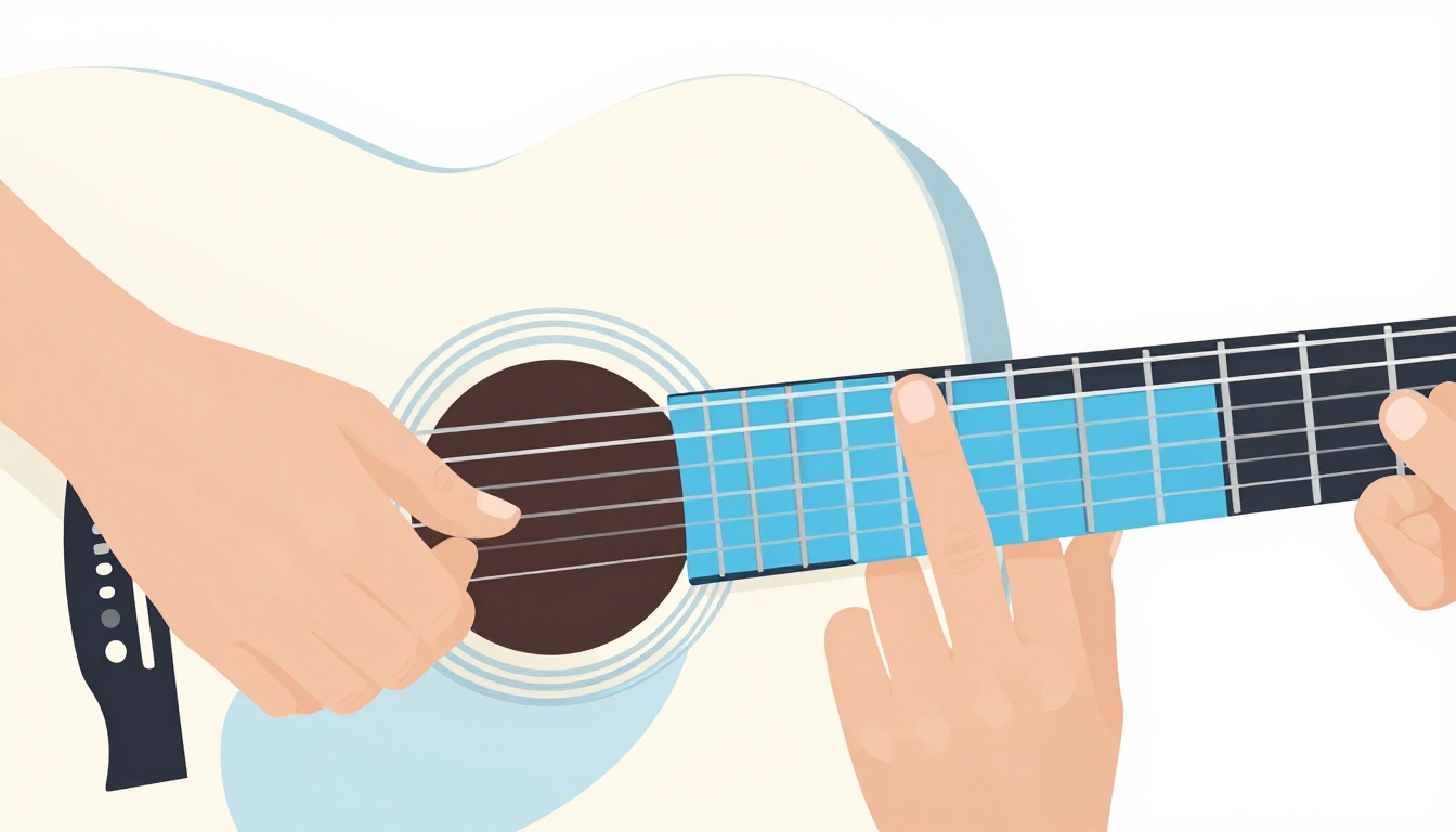 A close up of a left hand shaping an open A minor chord on an acoustic guitar fretboard, three fingers pressed on the lower strings