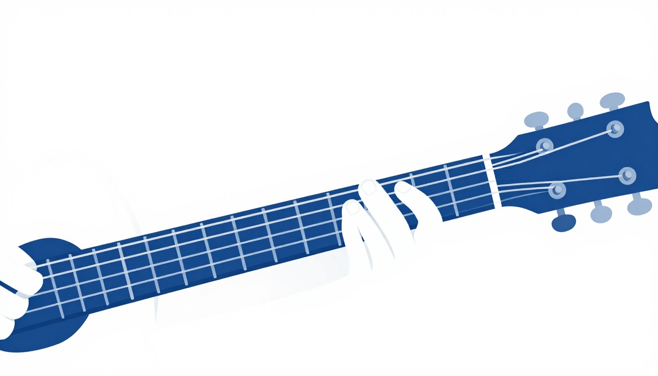 A close up of a fretting hand lifting one finger off the high string while holding a D chord shape on an acoustic guitar neck