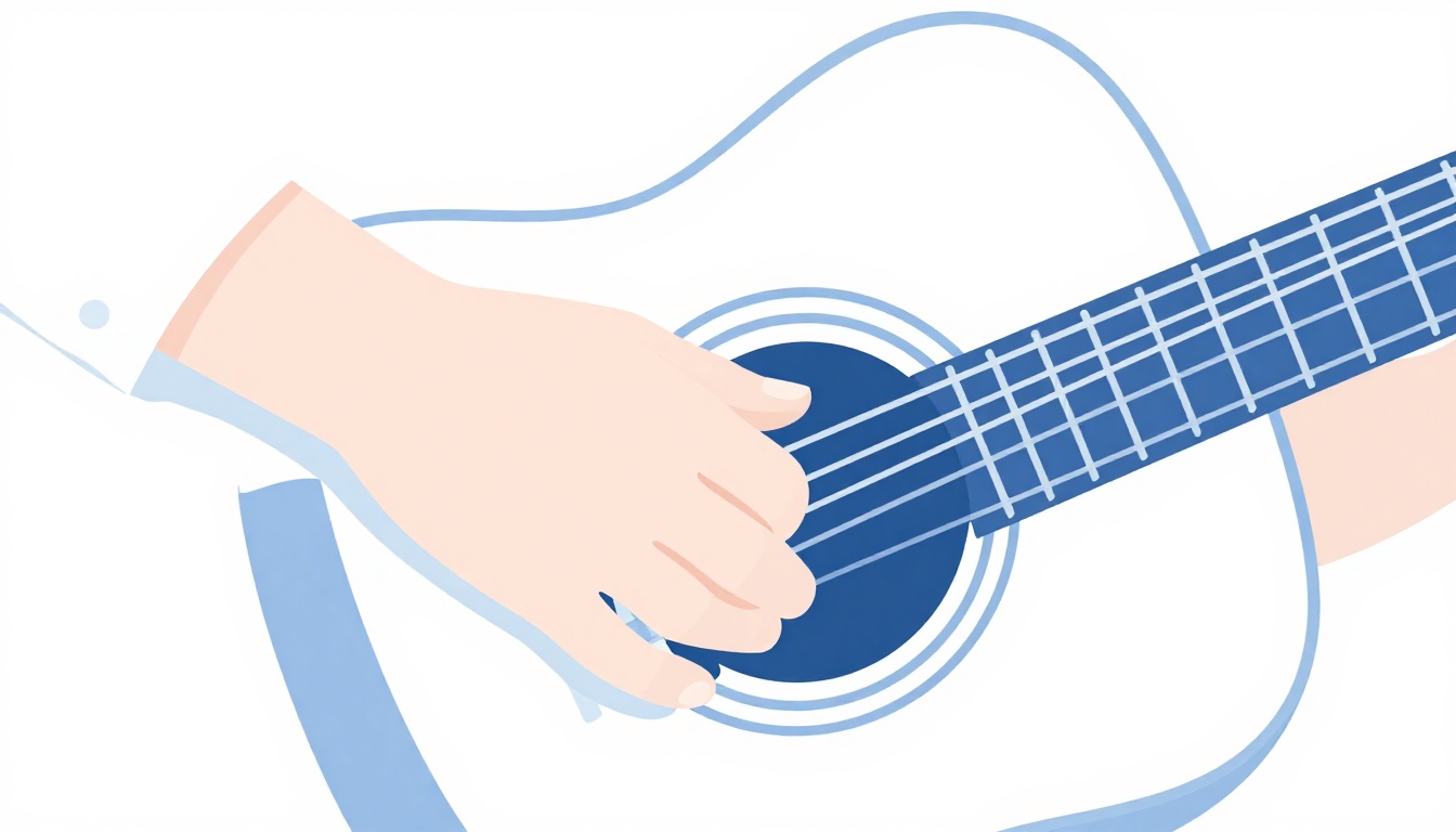 A close up of a fretting hand on an acoustic guitar neck with the pinky finger anchored on the high string while other fingers form a chord shape below