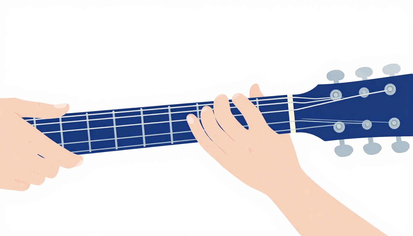 A close up of a left hand wrapping the thumb over the top of an acoustic guitar neck to fret the low string while other fingers hold a chord shape