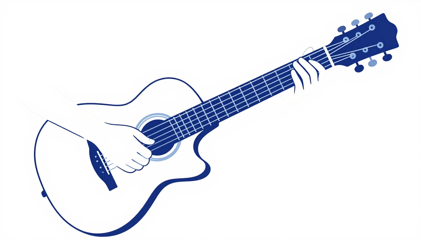 A close up of a right hand fingerpicking an acoustic guitar near the sound hole, thumb resting on the fifth string and three fingers positioned over the treble strings