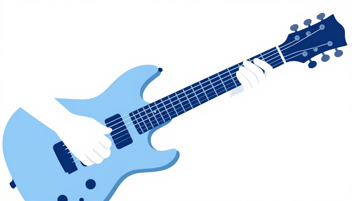 A hand palm muting the low strings while picking near the bridge of an electric guitar