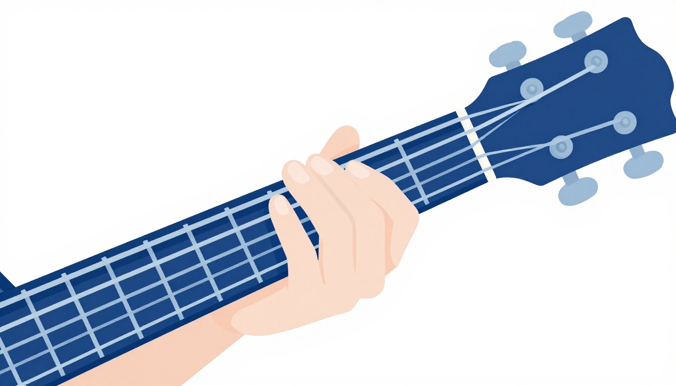 A close up of a fretting hand forming an open Bm7 chord shape on an acoustic guitar neck, three fingers spread across separate frets
