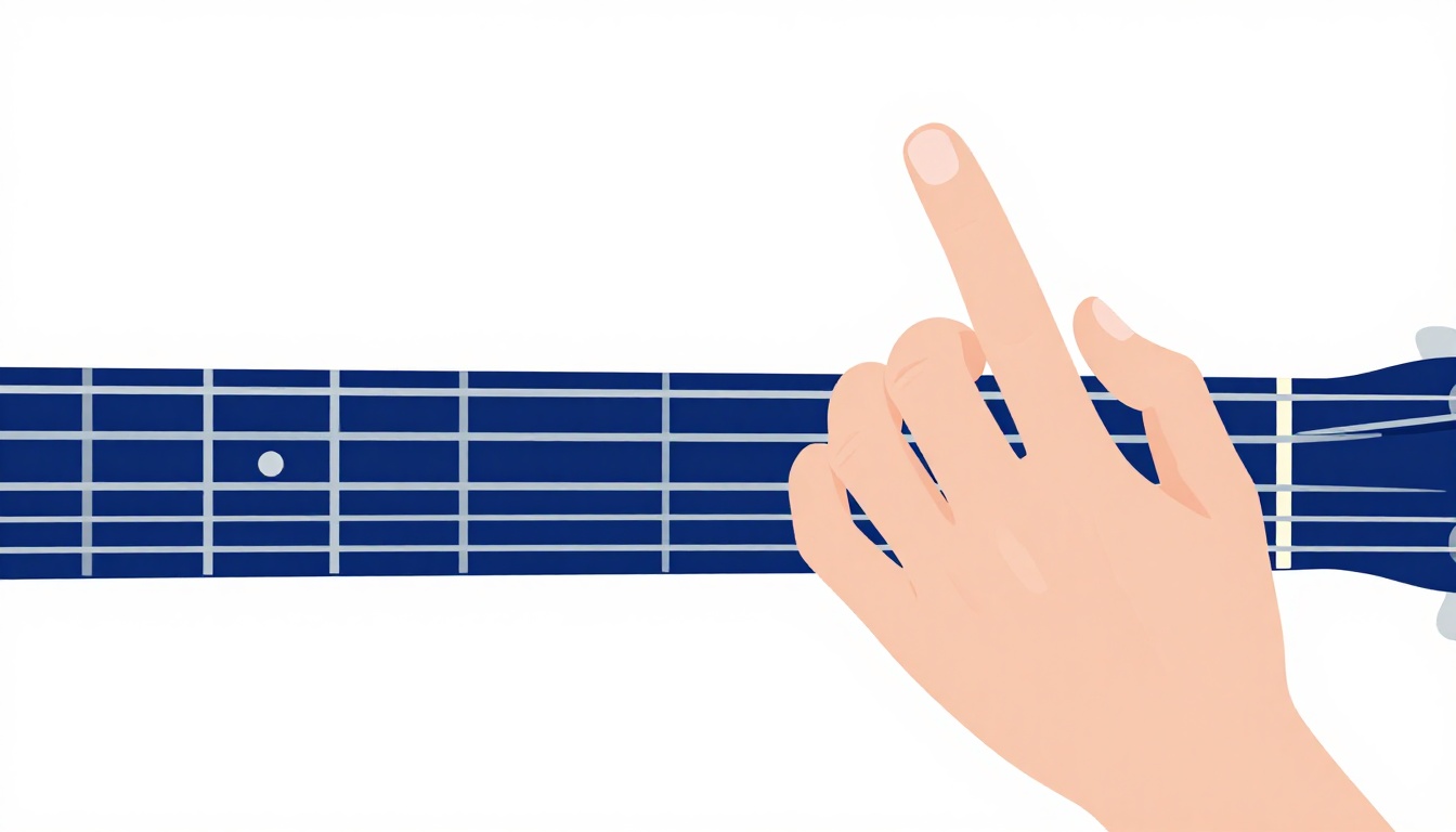 A close up of a fretting hand forming a barre chord shape on an acoustic guitar neck, index finger flat across the strings
