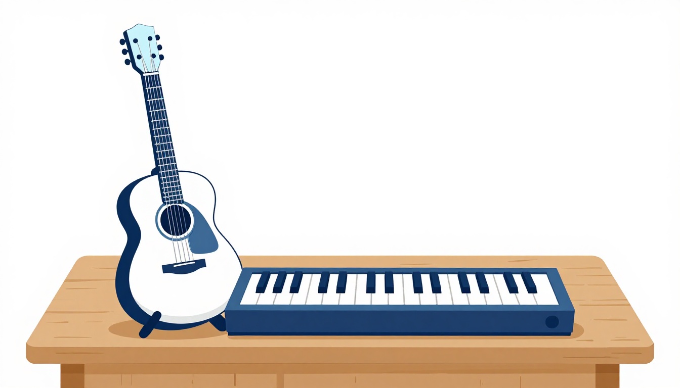 A digital metronome sitting on a wooden table next to an acoustic guitar leaning against a chair