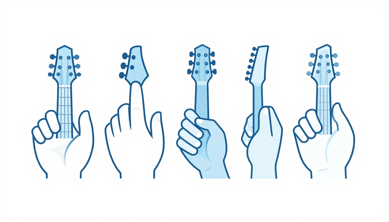 A close up of a left hand fingering a Bm barre chord on an electric guitar neck, index finger barring across the strings