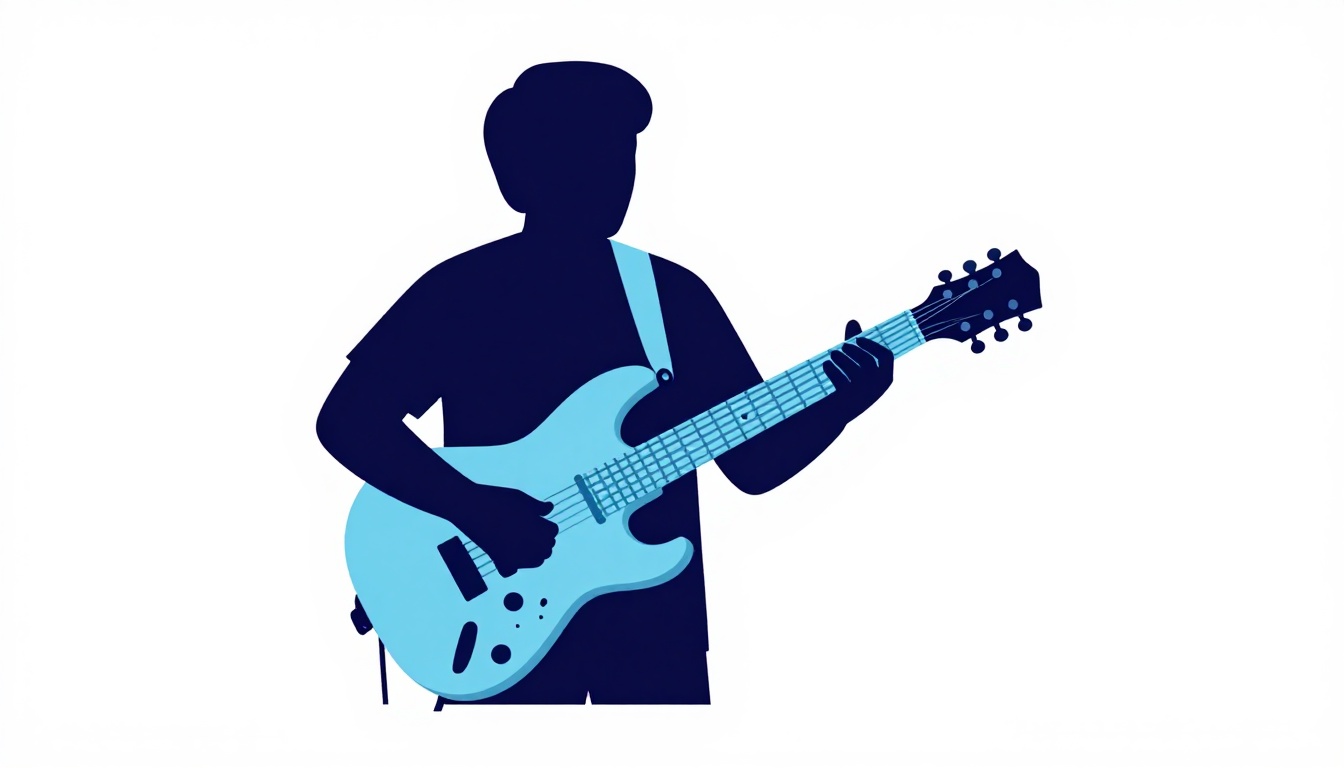 A guitarist silhouetted on a dim stage with blue lighting, playing an electric guitar during a worship set