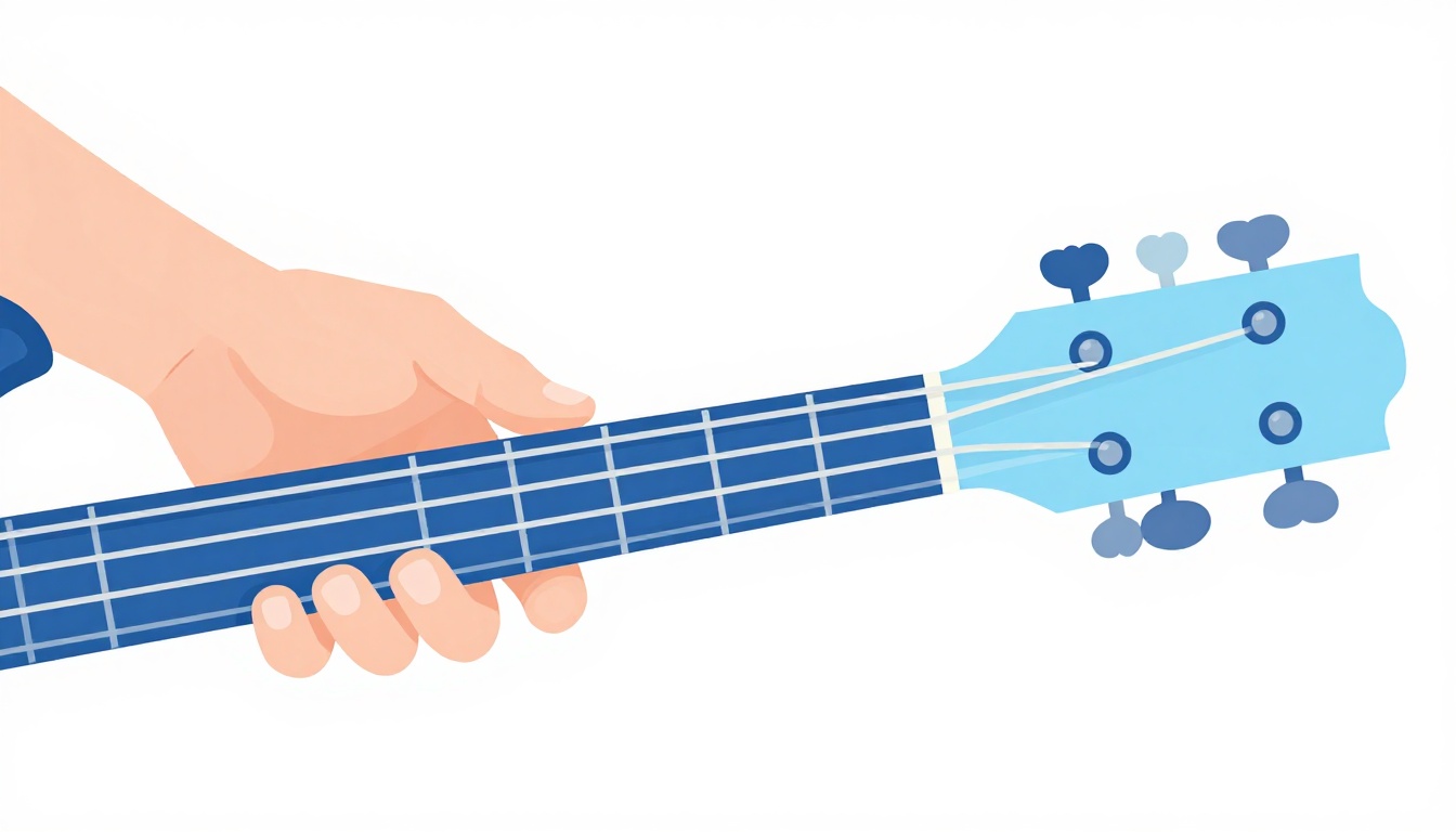A close up of a left hand reaching down to fret a bass note for a slash chord on a guitar neck