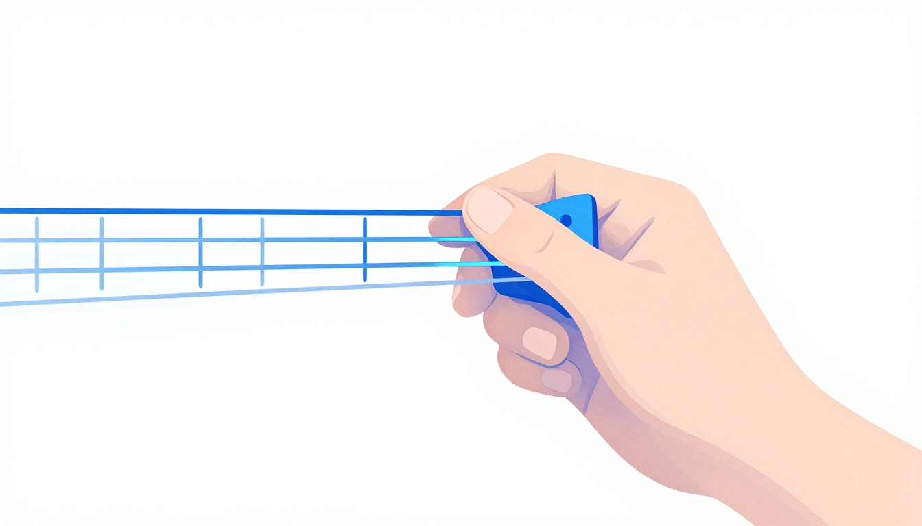 A close up of a fingertip pressing a guitar string down right behind the fret wire