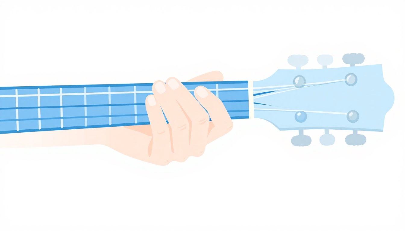 A close up of a left hand holding an open E chord shape while the pinky finger lowers onto the third string