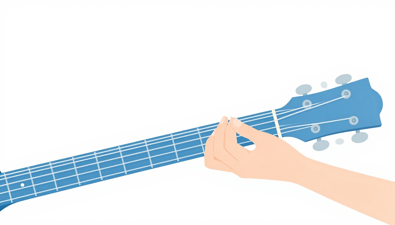 A close up of a smaller hand practicing a chord shape low on an acoustic guitar neck