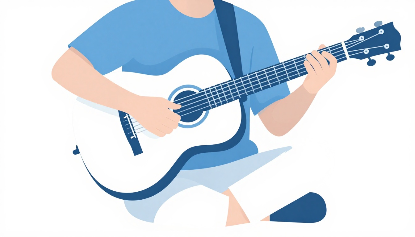 A person sitting outdoors playing an acoustic guitar in relaxed, warm afternoon light