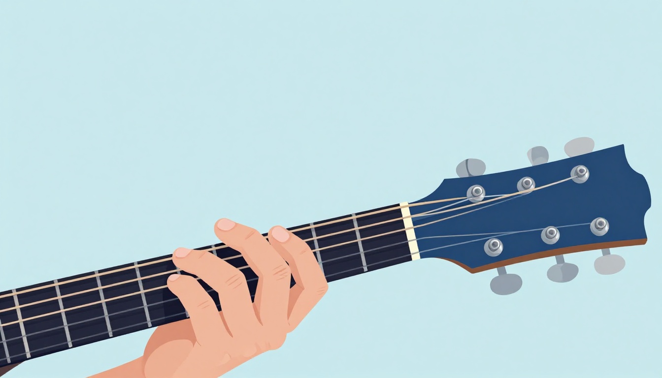 A hand fingering an open G chord on an acoustic guitar neck, with a painter's easel and canvas softly out of focus behind it