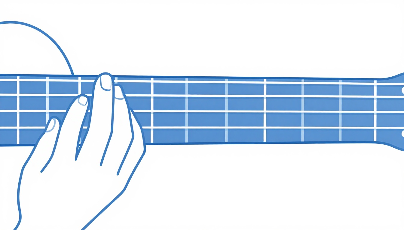 A hand barring the fingerboard low on the neck for a B minor chord, three fingers stacked above the barre