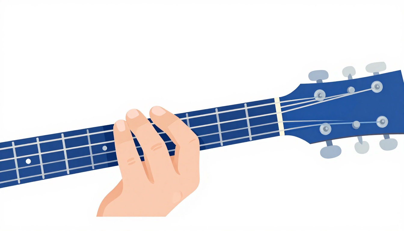 A close-up of fingers changing from a D chord shape toward an F chord shape on an acoustic guitar neck