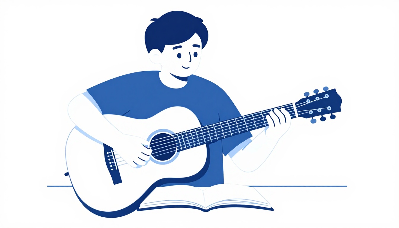 A guitarist practicing alone with an acoustic guitar in a quiet room, a notebook open on a nearby table