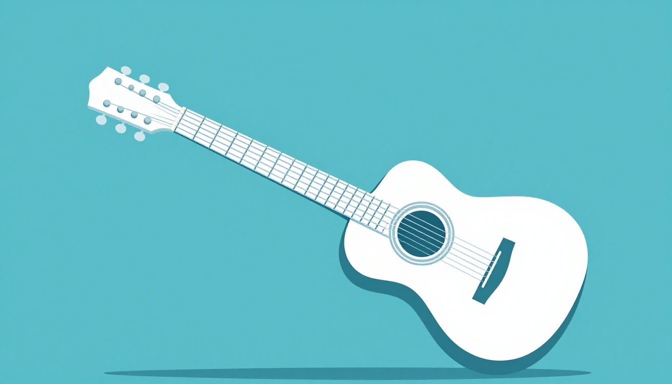 A clip-on tuner attached to the headstock of an acoustic guitar resting on a stand
