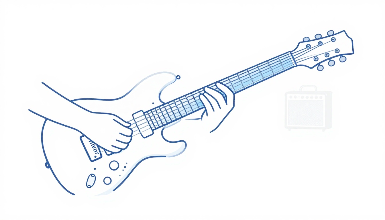 A hand fingering a chord low on the neck of an electric guitar, an amplifier softly visible in the background