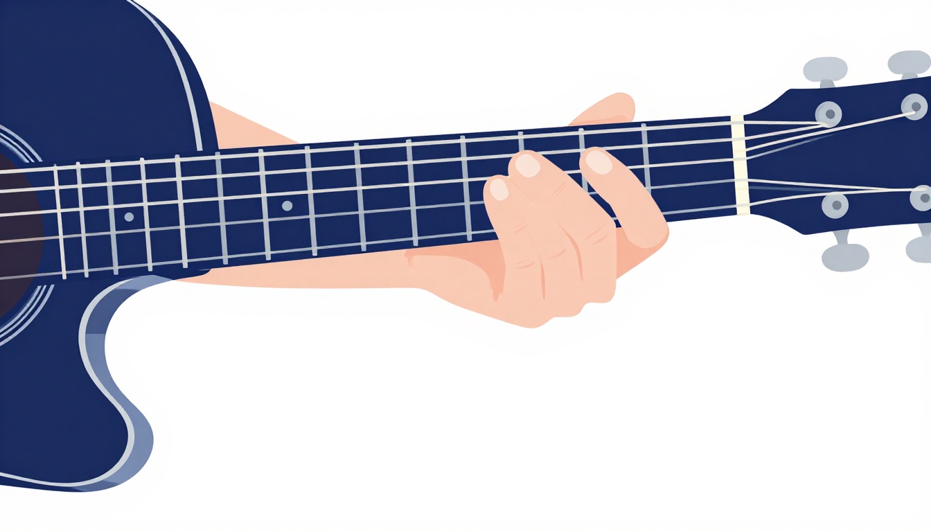 A close-up of a left hand fingering an open A minor chord on an acoustic guitar neck