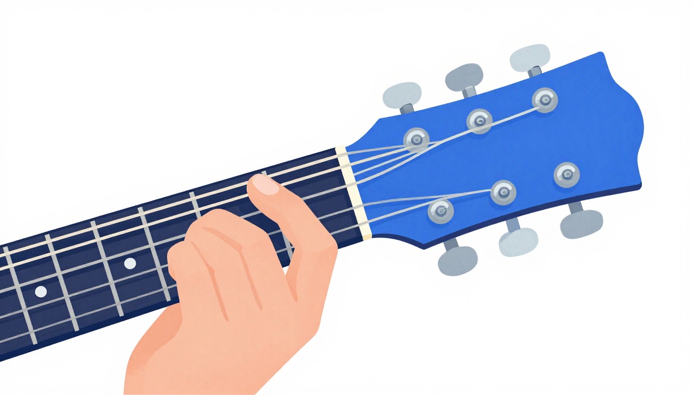A hand fingering an open D minor chord on an acoustic guitar neck, close to the nut