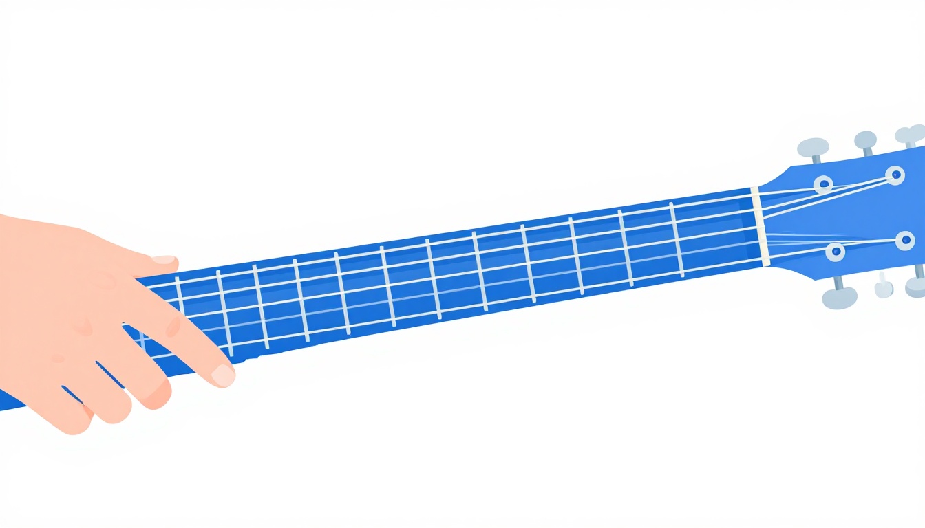 A hand stretching to add a pinky finger for a ninth chord extension on a guitar fretboard