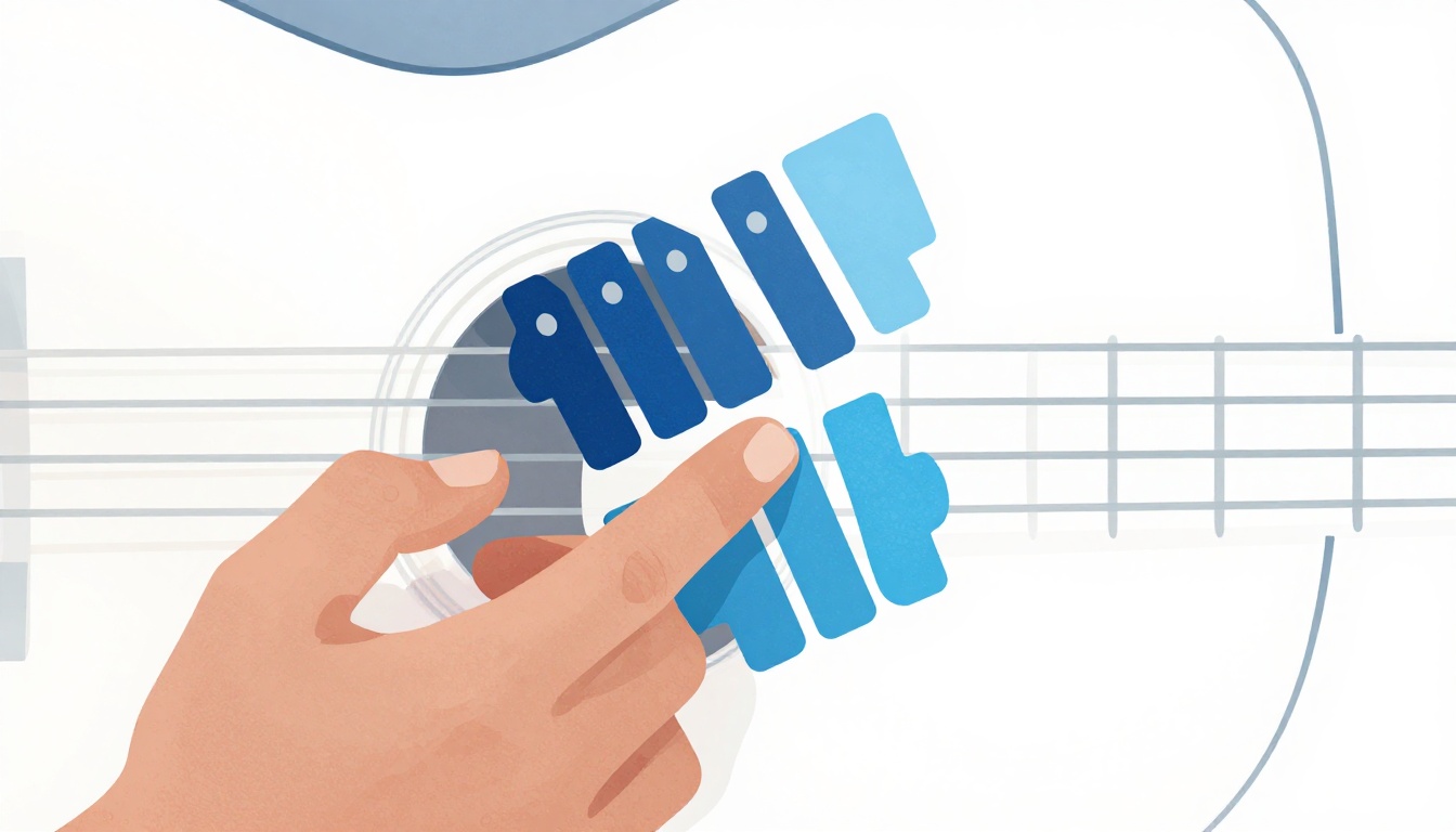 A hand lifting one finger off a chord shape on a guitar fretboard mid-strum