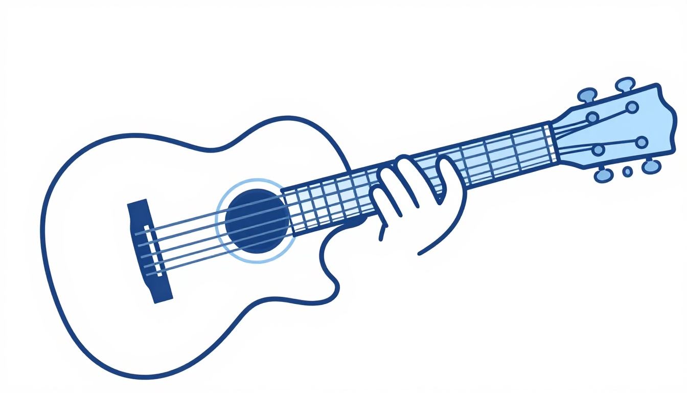 A hand pressing a simple, three-finger open chord shape on an acoustic guitar
