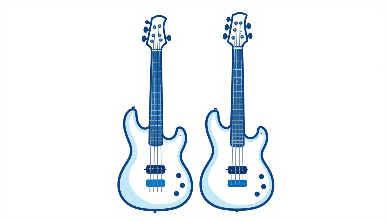 Two electric bass guitars leaning side by side against a wall, one with a visibly shorter neck than the other