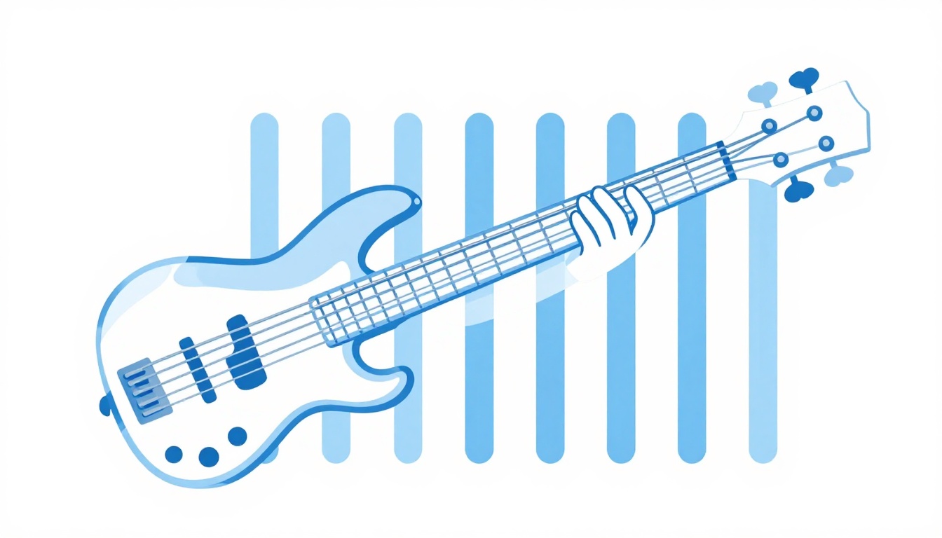 A pair of hands comfortably fretting notes low on the neck of a short scale bass guitar